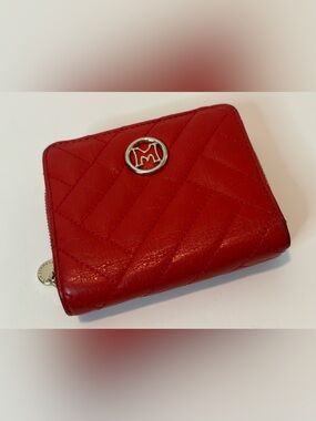 METROCITY ($210) Red Chevron Quilted Leather Half Compact Wallet AUTHENTIC